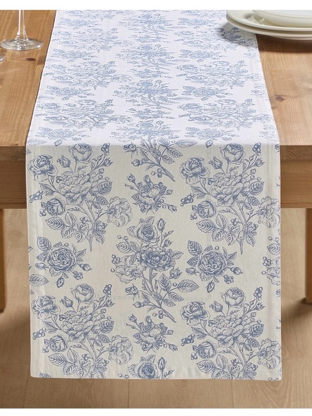 Floral Cotton Reversible Table Runner Blue and White 14 × 90-inch My Texas House
